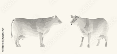 Light Cow. Set of Isolated White Cows on White Background. Low Poly Vector 3D Rendering
