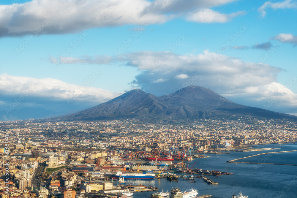 Naples city under volcano Vesuvius, Naples bay (Napoli bay), Italy