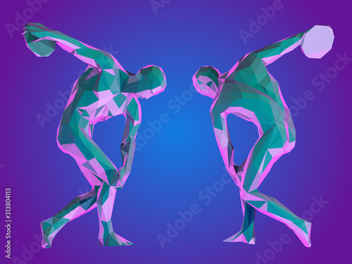 Vaporwave Ancient Greek Athlete. Set of Psychedelic Discobolus on Retro Background. Low Poly Vector 3D Rendering