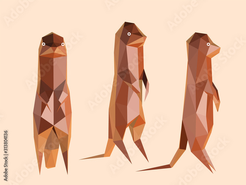 Clay Meerkat. Set of Brown Shiny Meerkats on Isolated Background. Low Poly Vector 3D Rendering