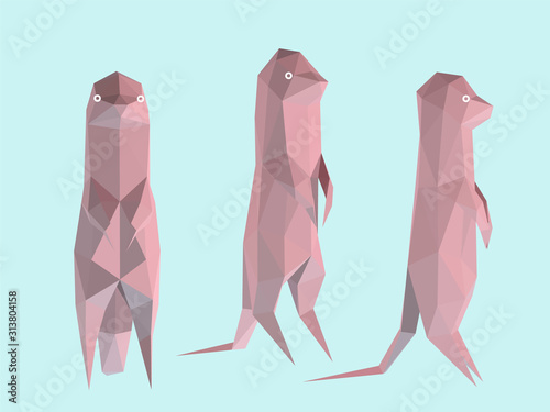 Pastel Meerkat. Set of Pink Meerkats on Pastel Blue Background. Low Poly Vector 3D Rendering