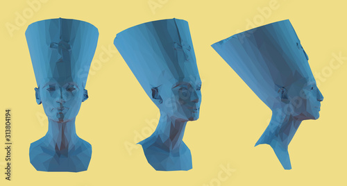 Egyptian Queen Nefertiti. Set of Blue Cleopatra Sculptures on Yellow Background. Low Poly Vector 3D Rendering