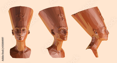 Chocolate Egyptian Queen Nefertiti. Set of Brown Shiny Cleopatra Sculptures on Isolated Background. Low Poly Vector 3D Rendering