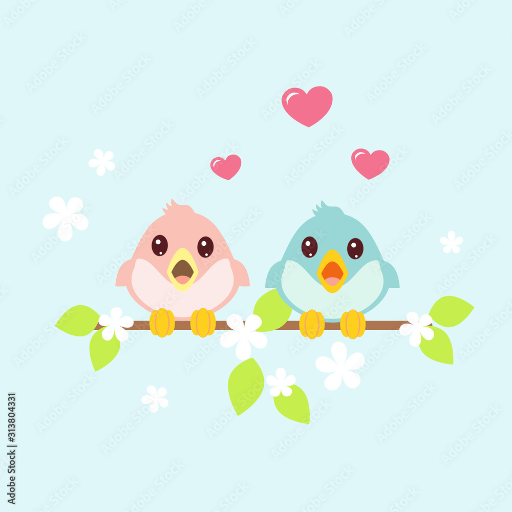 Couple of birds sing songs on branch with green leaves and white flowers. Vector illustration for Valentine's Day greeting card design.. Couple of birds sing songs on branch with green leaves and white flowers. Vector illustration for Valentine's Day greeting card design..