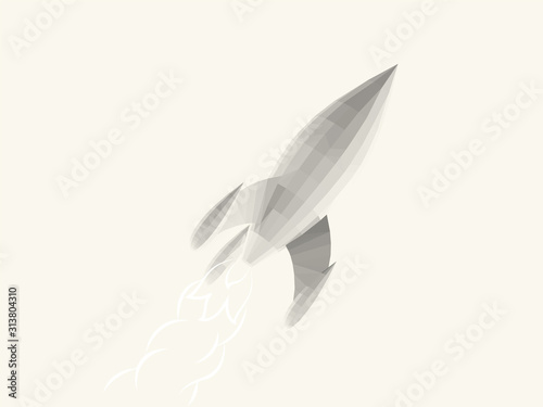 Isolated White Rocket on Light Background. Low Poly Vector 3D Rendering