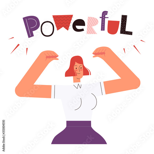A woman pulls up her sleeve and shows her strength. The concept of a strong and independent woman
