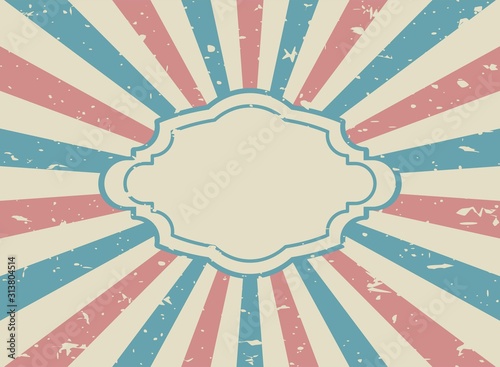 Sunlight retro faded wide background with vintage frame for text. pale beige, red, blue color burst background.