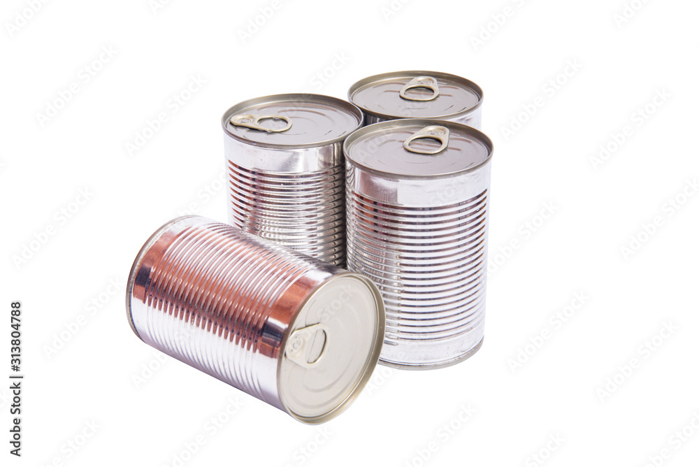 Set of metal tin cans on white background, isolated Set of metal tin cans on white background, isolated