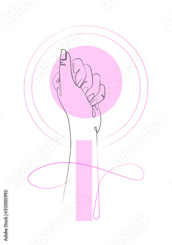 International woman day diversity raised fist strong girl power concept. Woman power flat design. Hand fist on white background with pink spots. One line continuous art