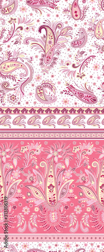 vector seamless decorative ethnic paisley pattern with floral motif and horizontal border. Traditional indian pattern, multicolor ornamental oriental print