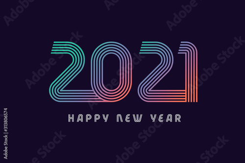 New Year 2021 colored line design firework multicolored shining on blue vector background. Realistic 3d digital numbers sign concept on violet, holiday cover, poster or banner design