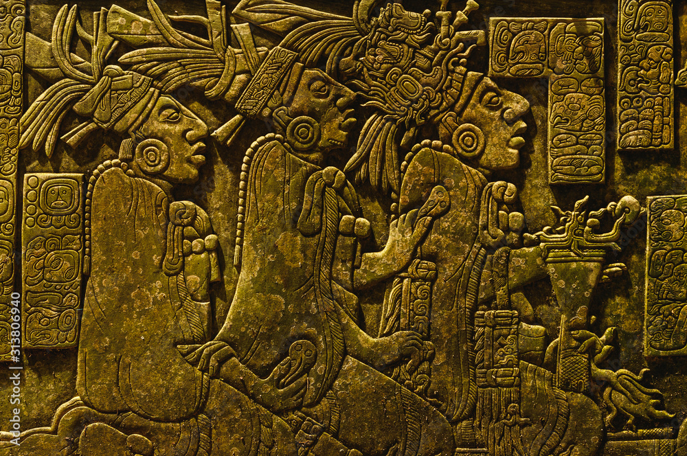 Ancient Mayan drawings on the stone wall