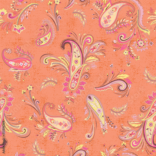 vector seamless graphical artistic detailed modern pailsey pattern. Floral motif, traditional indian design with texture at the background. Ethnic ornamental decorative allover print.
