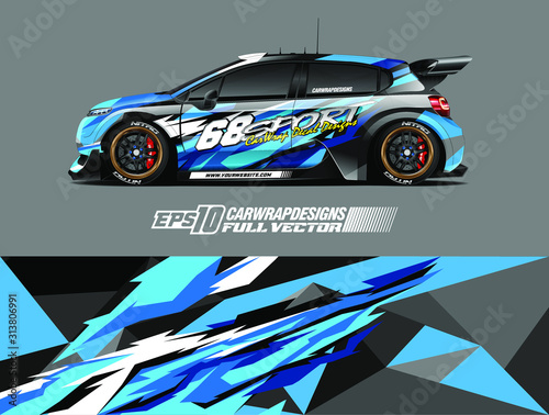 Rally car graphic livery design vector. Graphic abstract stripe racing background designs for wrap cargo van, race car, pickup truck, adventure vehicle. Eps 10
