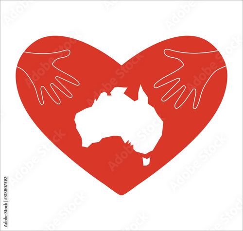 Vector Illustration: helping hands and Australia map silhouette. Support for volunteer, charity or relief work after fires and wildfires in Australia.