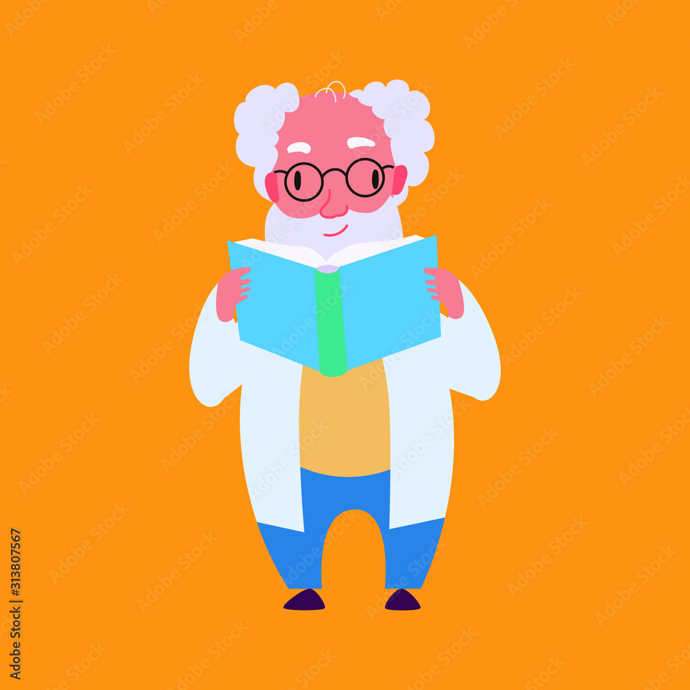 Vector modern flat design illustration on scientist reading the book. Human male holding book. Vector Vector modern flat design illustration on scientist reading the book. Human male holding book. Vector