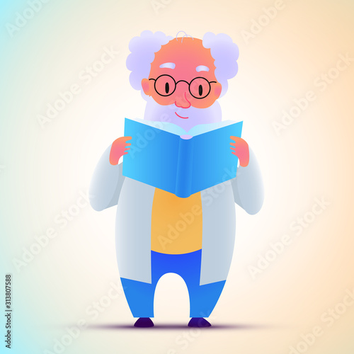 Vector modern flat design illustration on scientist reading the book. Human male holding book. Vector