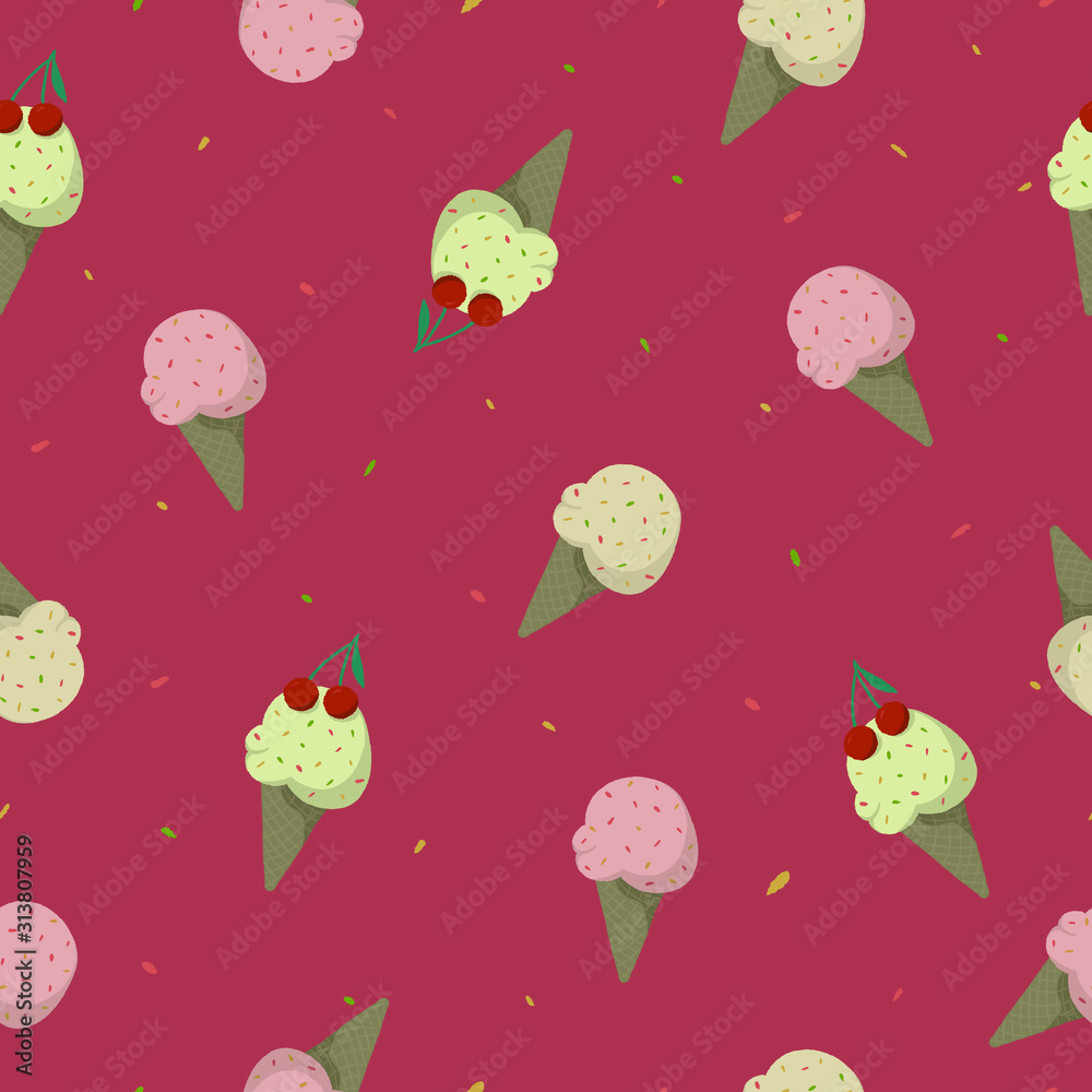 Ice cream seamless pattern. Ice cream in waffle cone isolated on red background. Ice cream seamless pattern. Ice cream in waffle cone isolated on red background.