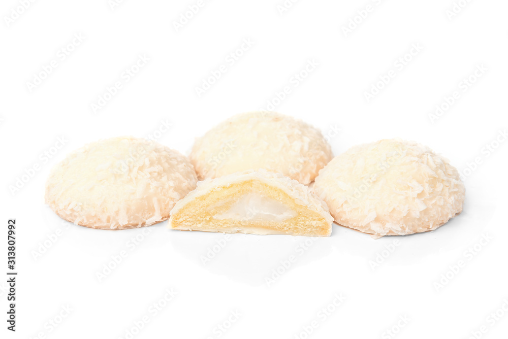 Biscuit cookies with coconut filling isolated on white background.