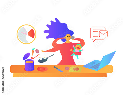 Housewife at kichen with baby. Busy mother with baby, multitasking woman. Motherhood cartoon flat illustration. Vector