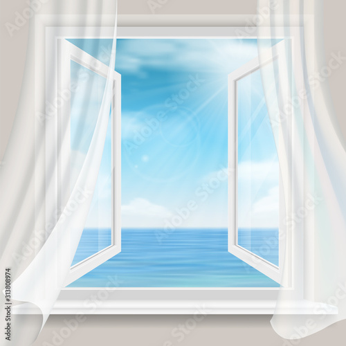 View of the sea horizon from a room with a open window and white curtains. Background for vacation and travel card design.