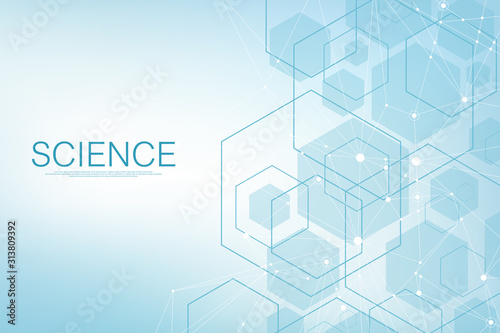 Hexagons abstract background with geometric shapes. Science, technology and medical concept. Futuristic background in science style. Graphic hex background for your design. Vector illustration.