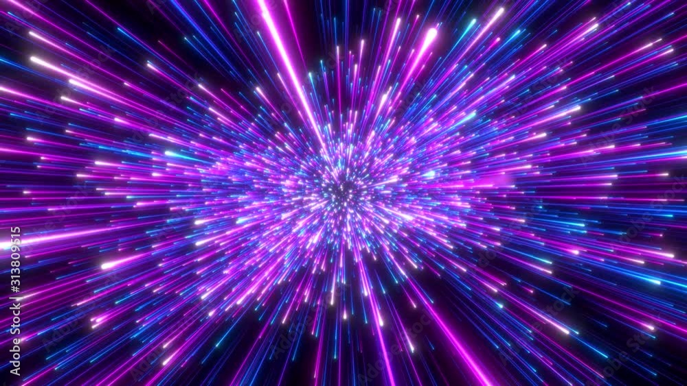 Looped animation. Interstellar travel through space and time at the speed of light. Bright neon blue and violet laser beams on dark background. Colorful fireworks. 3d rendering. Looped animation. Interstellar travel through space and time at the speed of light. Bright neon blue and violet laser beams on dark background. Colorful fireworks. 3d rendering.