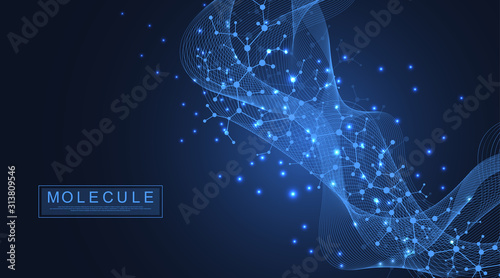Abstract medical background DNA research, molecule, genetics, genome, DNA chain. Genetic analysis art concept with hexagons, waves, lines, dots. Biotechnology network concept molecule, vector
