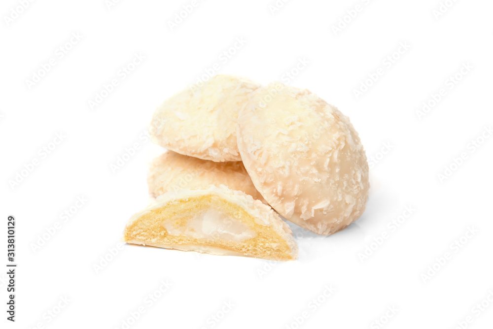 Biscuit cookies with coconut filling isolated on white background. Biscuit cookies with coconut filling isolated on white background.