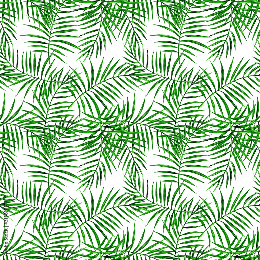 Palm green leaves watercolor seamless pattern.