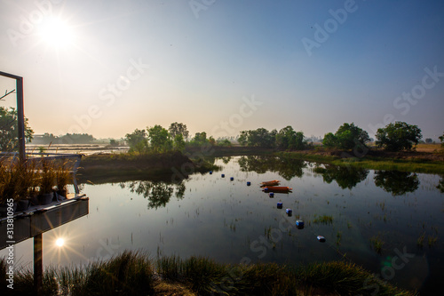 Blurred abstract background of nature, panoramic views in natural marshes, with small boats (kayaks) for fish to survive, with clear skies during the day