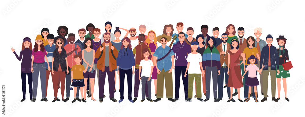 Obraz premium Multinational group of people isolated on white background. Children, adults and teenagers stand together. Vector illustration 