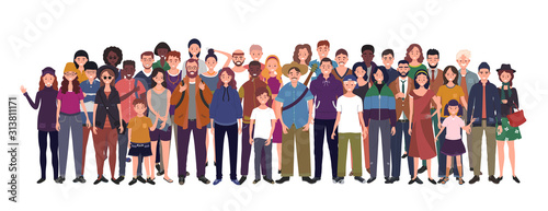 Multinational group of people isolated on white background. Children, adults and teenagers stand together. Vector illustration 
