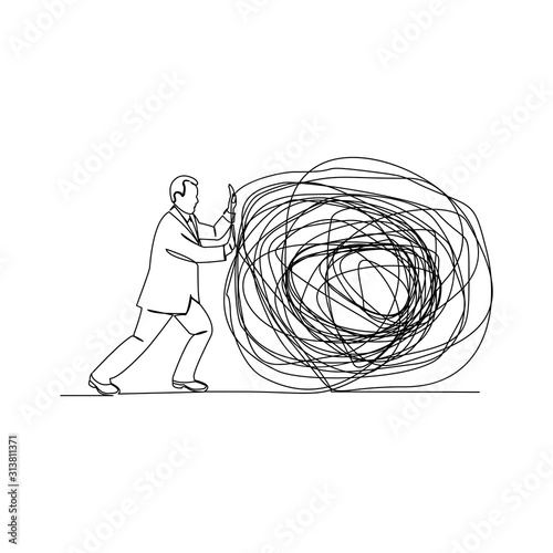 continuous line drawing of business man push stone vector illustration