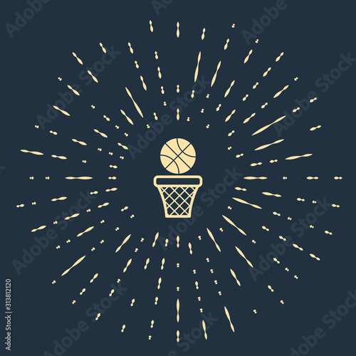 Beige Basketball ball and basket icon isolated on blue background. Ball in basketball hoop. Abstract circle random dots. Vector Illustration