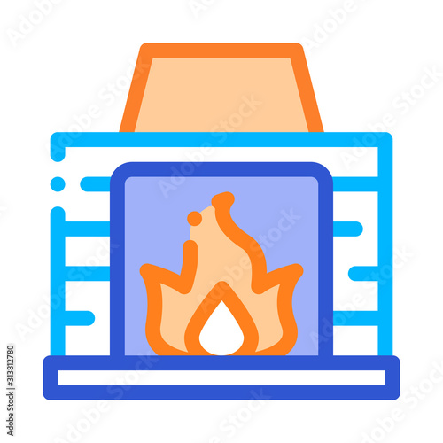 Fireplace With Fire Flame Heating Equipment Vector Icon Thin Line. Cool And Humidity, Airing, Ionisation And Heating Illustration