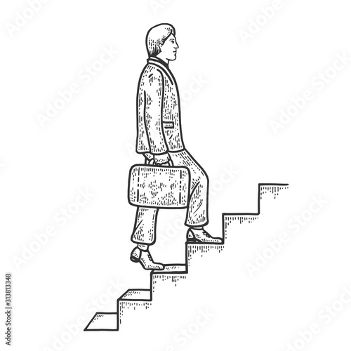Businessman climbs the stairs sketch engraving vector illustration. T-shirt apparel print design. Scratch board style imitation. Black and white hand drawn image.