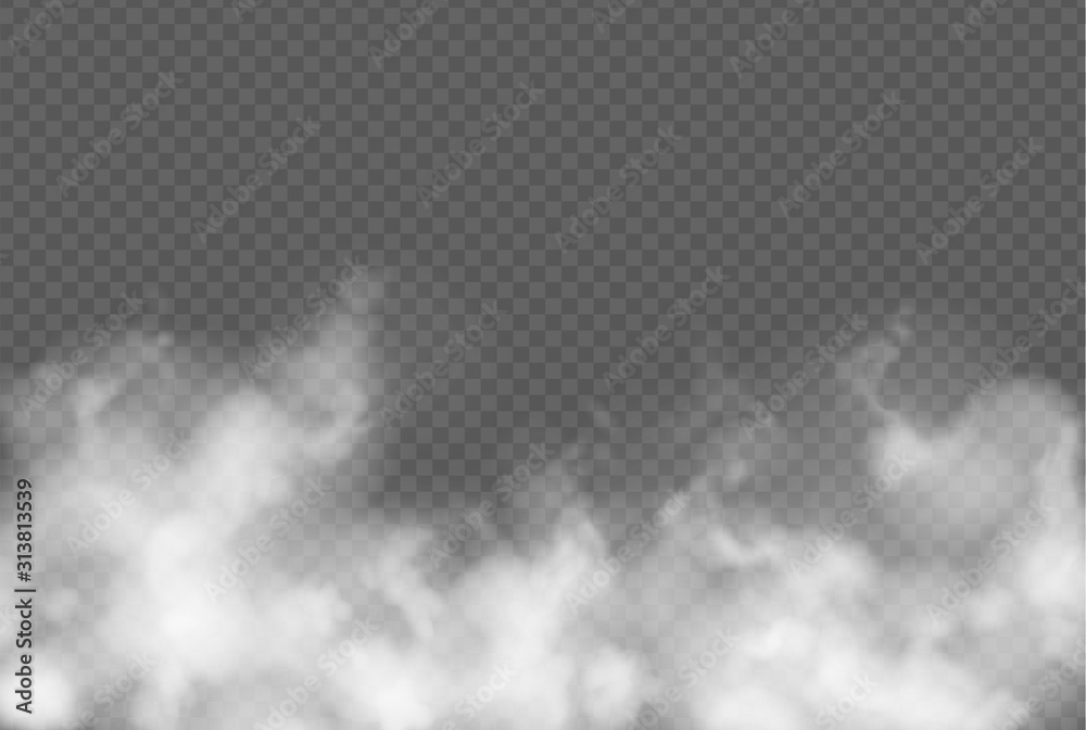 Plakat Przezroczysty efekt z mgłą lub dymem. Biała chmura z teksturą miasta smogu. Zanieczyszczenie powietrza, atmosfera marnuje 3d realistyczną wektorową ilustrację