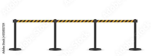 Retractable belt stanchion. Portable ribbon barrier. Striped black-yellow fencing tape.