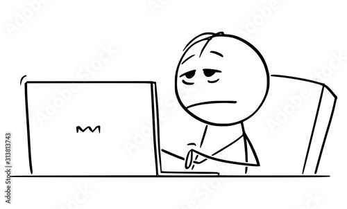 Vector cartoon stick figure drawing conceptual illustration of tired, stressed or overworked man or businessman working on computer.