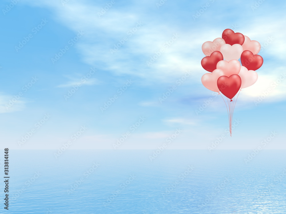 Bunch of heart balloons flying in the sky - 3D render