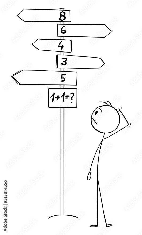 Vector cartoon stick figure drawing of man standing on decision crossroad and trying to solve 1 plus 1 or one plus one calculation, but there is no correct or good solution.