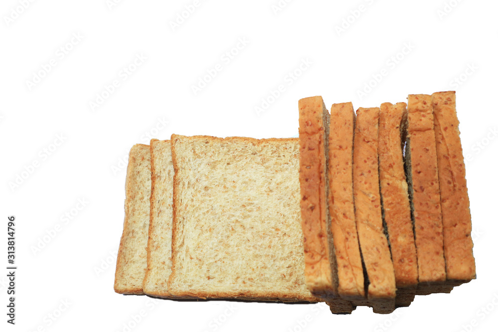 Close up image of cut of loaf bread on white against white background