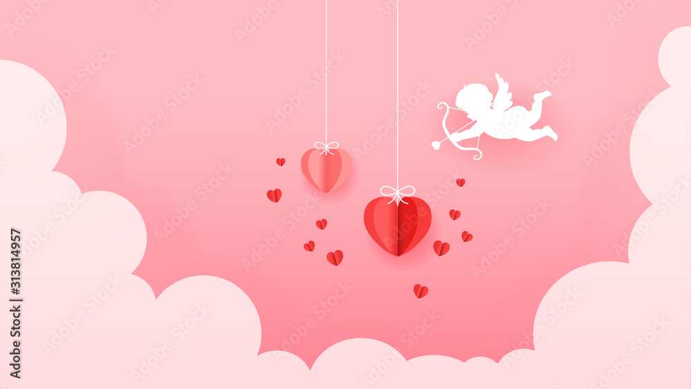 Valentine illustration of paper hearts on pink sky	