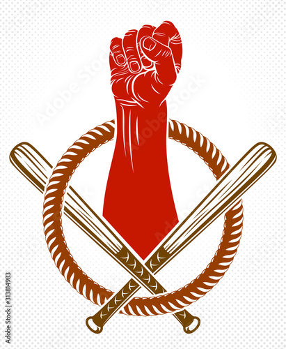 Revolution and Riot aggressive emblem or logo with strong clenched fist, vector tattoo, anarchy and chaos, rebel partisan and revolutionary.
