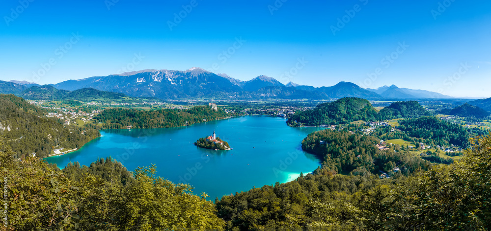 Fototapeta Aerial panoramic view on the Pilgrimage Church of the Assumption of Maria on the Lake Bled