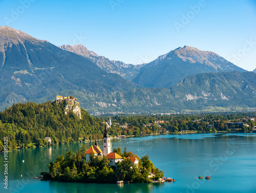 Aerial view on the Pilgrimage Church of the Assumption of Maria on the Lake Bled