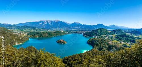 Aerial panoramic view on the Pilgrimage Church of the Assumption of Maria on the Lake Bled © nordantin