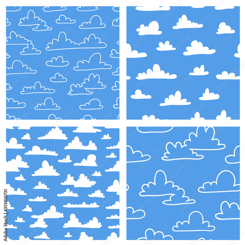 Set of seamless pattern with funny clouds in cartoon style on blue background. Hand drawn illustration  sky. Creative art work. Actual vector weather drawing