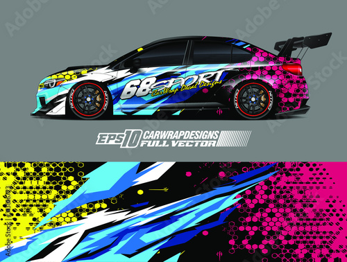 Rally car graphic livery design vector. Graphic abstract stripe racing background designs for wrap cargo van, race car, pickup truck, adventure vehicle. Eps 10